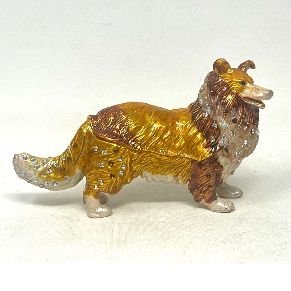 Vintage Collie Border Collie Dog Enameled Trinket Box Rhinestone Enameled